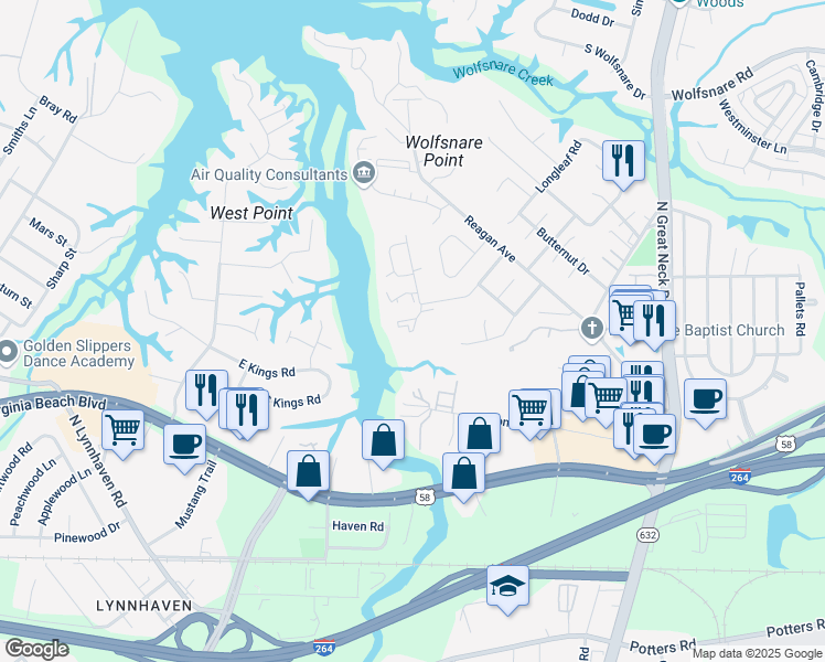 map of restaurants, bars, coffee shops, grocery stores, and more near 384 River Forest Road in Virginia Beach
