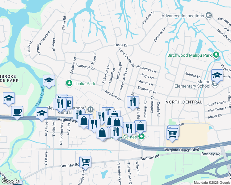 map of restaurants, bars, coffee shops, grocery stores, and more near 4001 Rumford Lane in Virginia Beach
