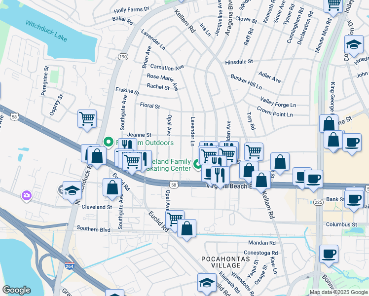 map of restaurants, bars, coffee shops, grocery stores, and more near 332 Rose Marie Avenue in Virginia Beach