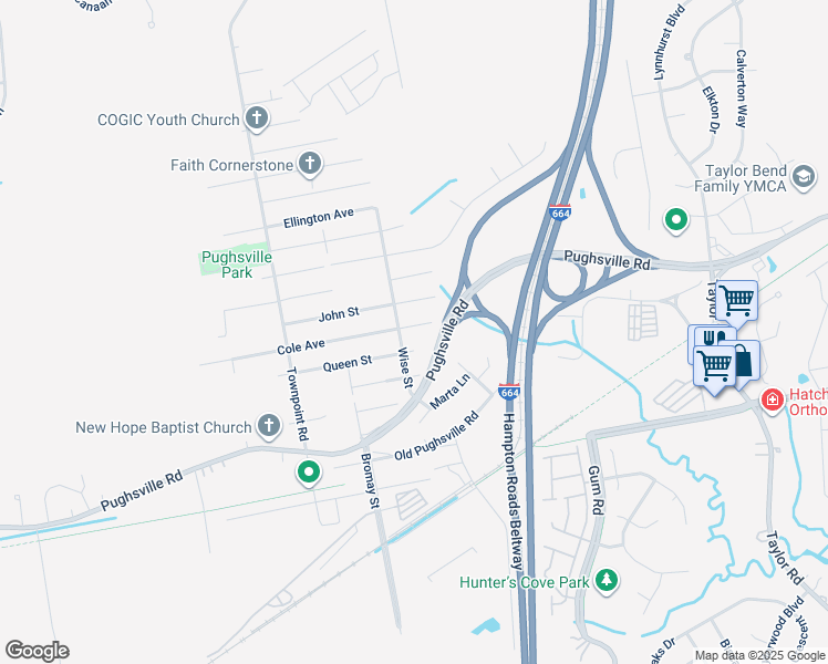 map of restaurants, bars, coffee shops, grocery stores, and more near 5021 James Street in Chesapeake