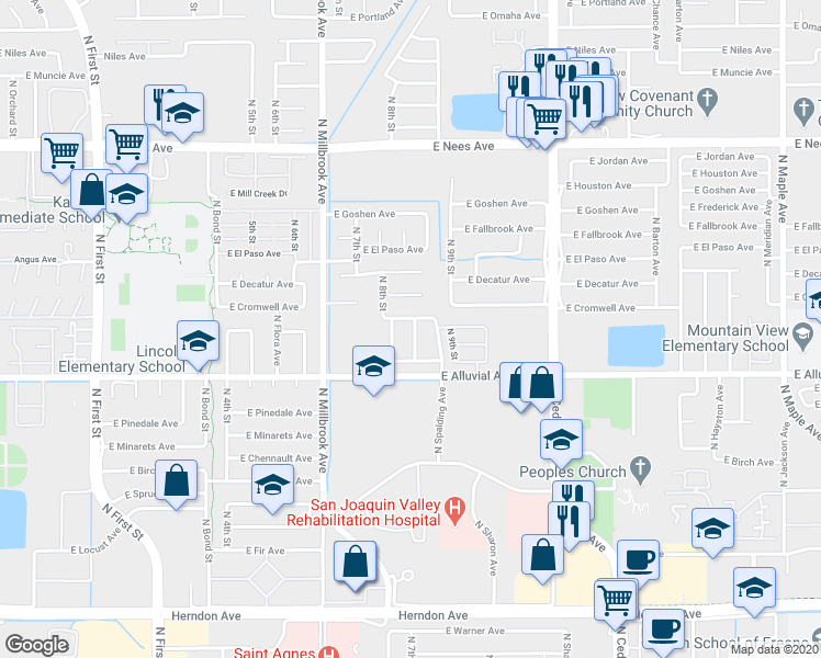 map of restaurants, bars, coffee shops, grocery stores, and more near 7596 North Wolters Avenue in Fresno