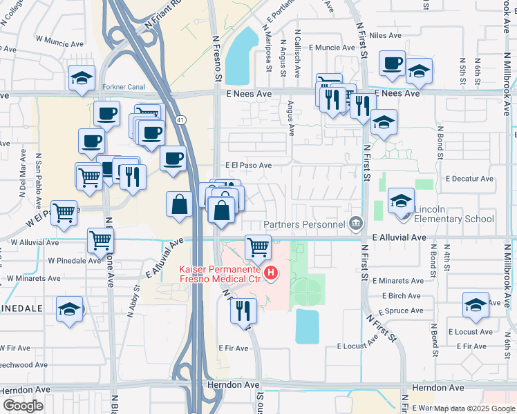 map of restaurants, bars, coffee shops, grocery stores, and more near 336 East Alluvial Avenue in Fresno