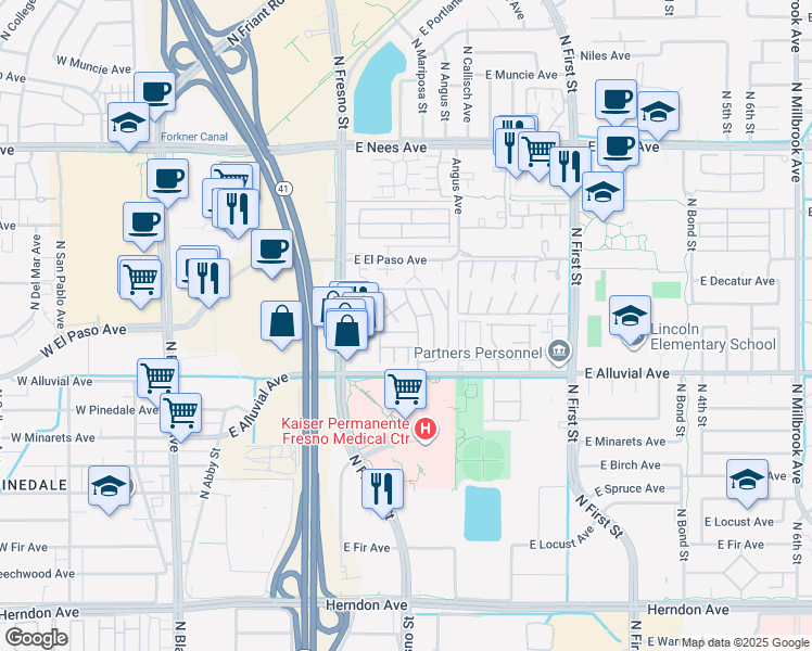 map of restaurants, bars, coffee shops, grocery stores, and more near 336 East Alluvial Avenue in Fresno