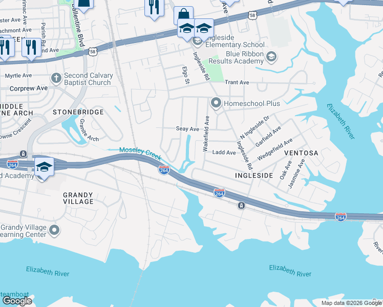 map of restaurants, bars, coffee shops, grocery stores, and more near 809 Pine Harbor Drive in Norfolk