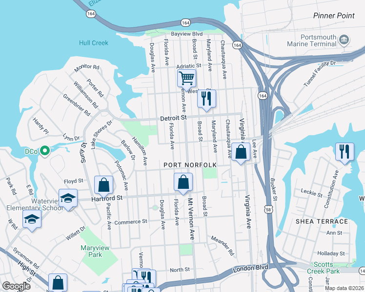 map of restaurants, bars, coffee shops, grocery stores, and more near 513 Mount Vernon Avenue in Portsmouth