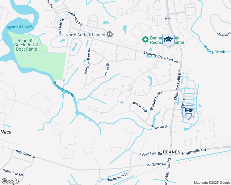 map of restaurants, bars, coffee shops, grocery stores, and more near 6006 Steeplechase Lane in Suffolk