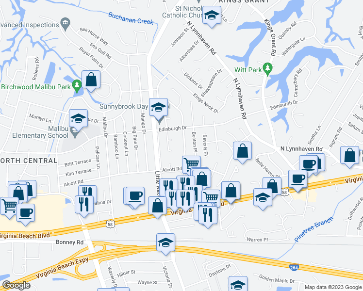 map of restaurants, bars, coffee shops, grocery stores, and more near 429 King Richard Drive in Virginia Beach