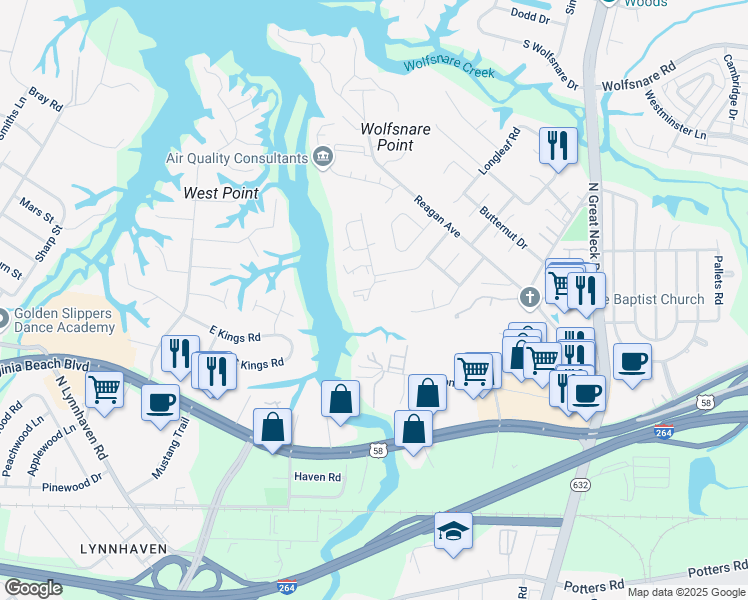 map of restaurants, bars, coffee shops, grocery stores, and more near 384 River Forest Rd in Virginia Beach