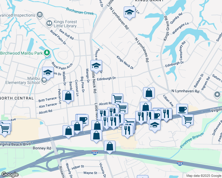 map of restaurants, bars, coffee shops, grocery stores, and more near 429 King Richard Drive in Virginia Beach