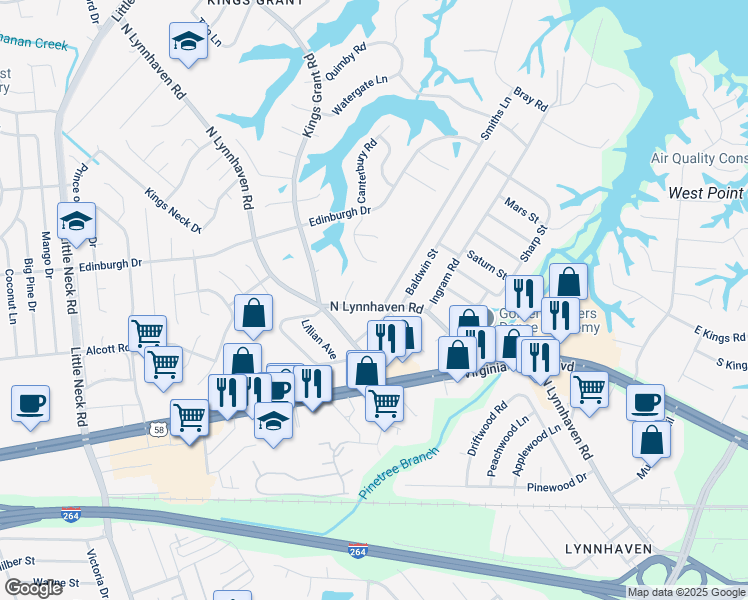 map of restaurants, bars, coffee shops, grocery stores, and more near 3008 North Lynnhaven Road in Virginia Beach