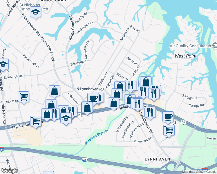 map of restaurants, bars, coffee shops, grocery stores, and more near 408 Ingram Road in Virginia Beach
