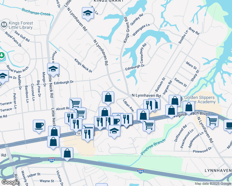map of restaurants, bars, coffee shops, grocery stores, and more near 454 Leslie Terrace in Virginia Beach