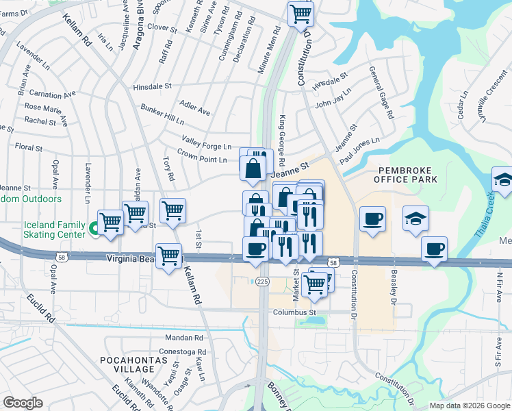 map of restaurants, bars, coffee shops, grocery stores, and more near 279 Independence Boulevard in Virginia Beach