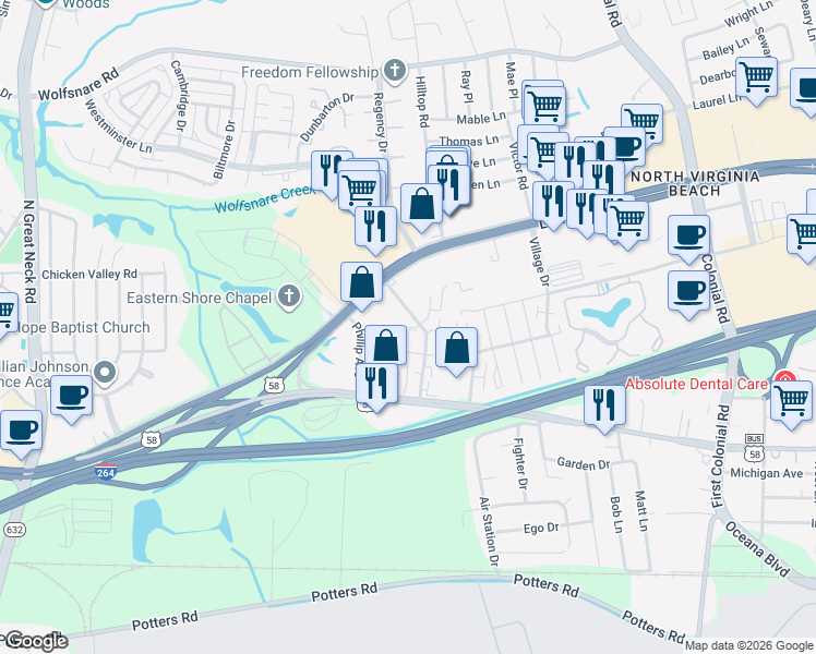 map of restaurants, bars, coffee shops, grocery stores, and more near 1925 Eastwood Villa Lane in Virginia Beach