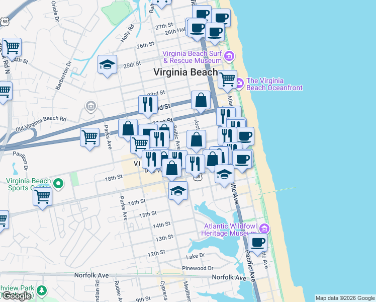 map of restaurants, bars, coffee shops, grocery stores, and more near in Virginia Beach