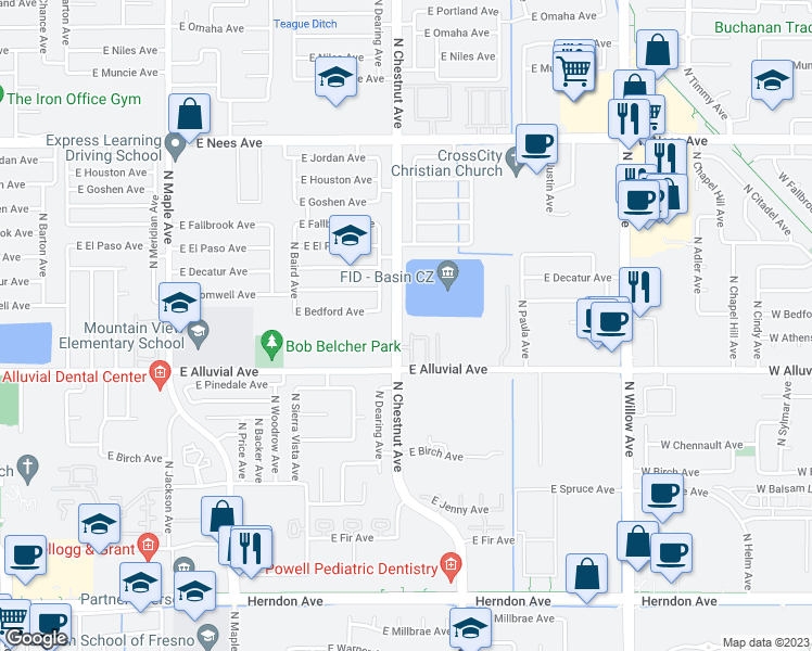map of restaurants, bars, coffee shops, grocery stores, and more near 7626 North Chestnut Avenue in Clovis