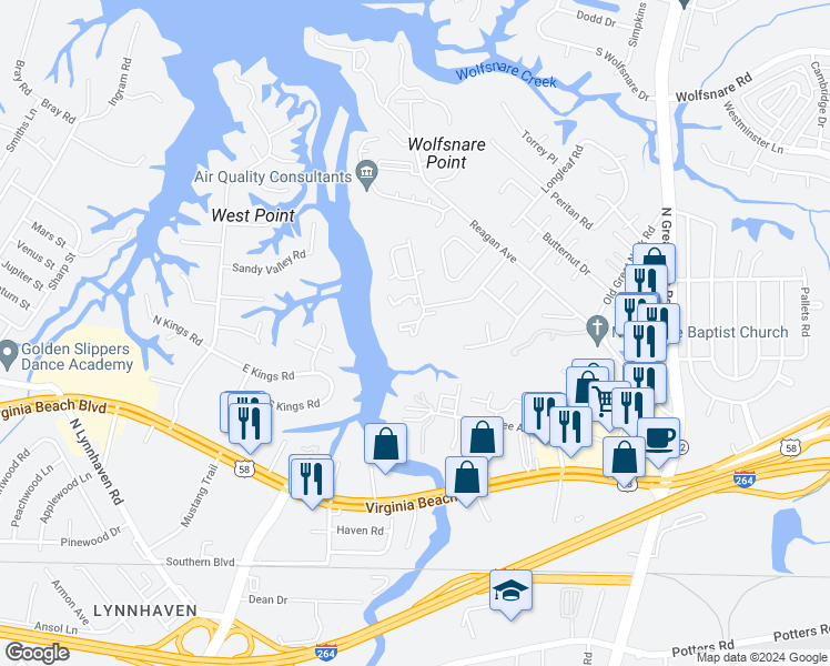 map of restaurants, bars, coffee shops, grocery stores, and more near 384 River Forest Road in Virginia Beach
