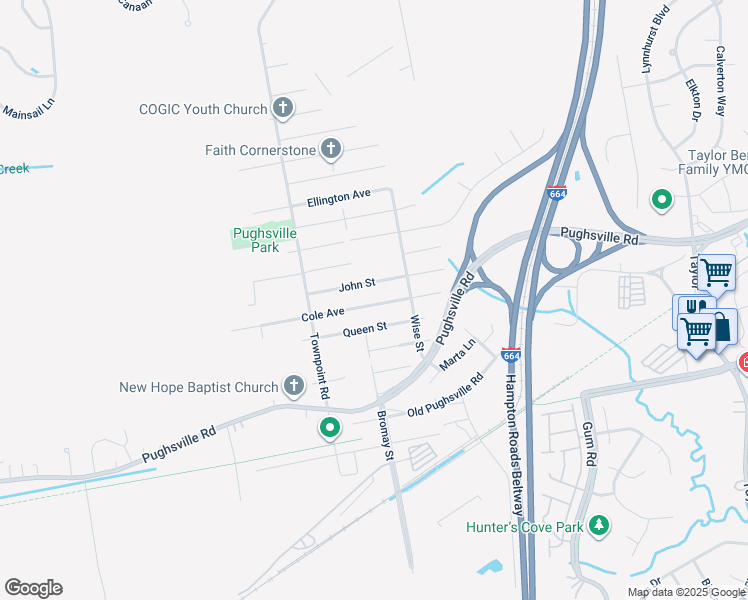 map of restaurants, bars, coffee shops, grocery stores, and more near 4508 Cole Avenue in Suffolk