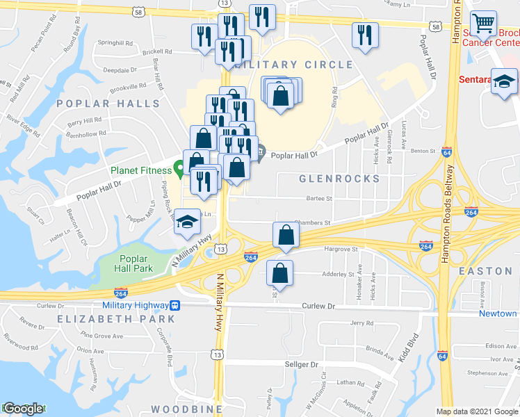 map of restaurants, bars, coffee shops, grocery stores, and more near 5749 Bartee Street in Norfolk