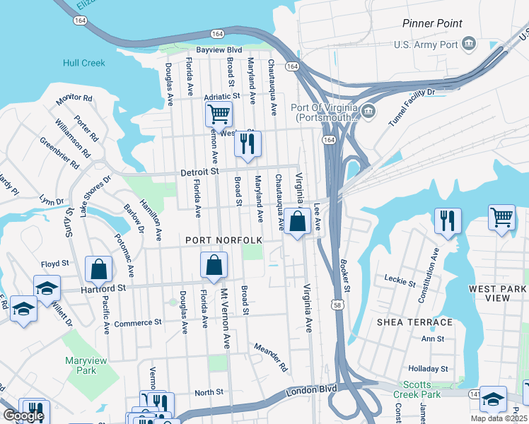map of restaurants, bars, coffee shops, grocery stores, and more near 509 Maryland Avenue in Portsmouth