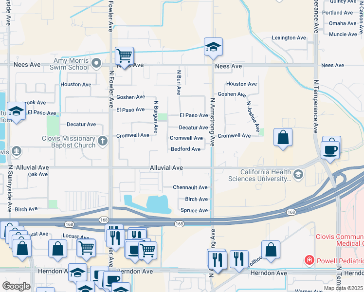 map of restaurants, bars, coffee shops, grocery stores, and more near 2075 Bedford Avenue in Clovis
