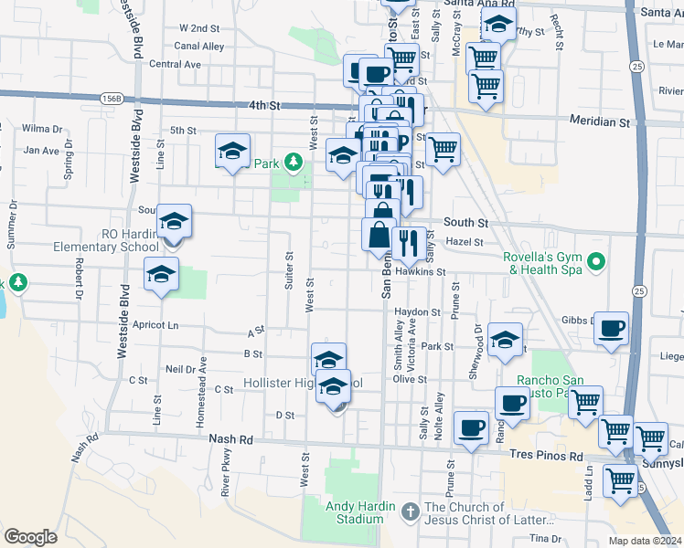 map of restaurants, bars, coffee shops, grocery stores, and more near 910 Monterey Street in Hollister