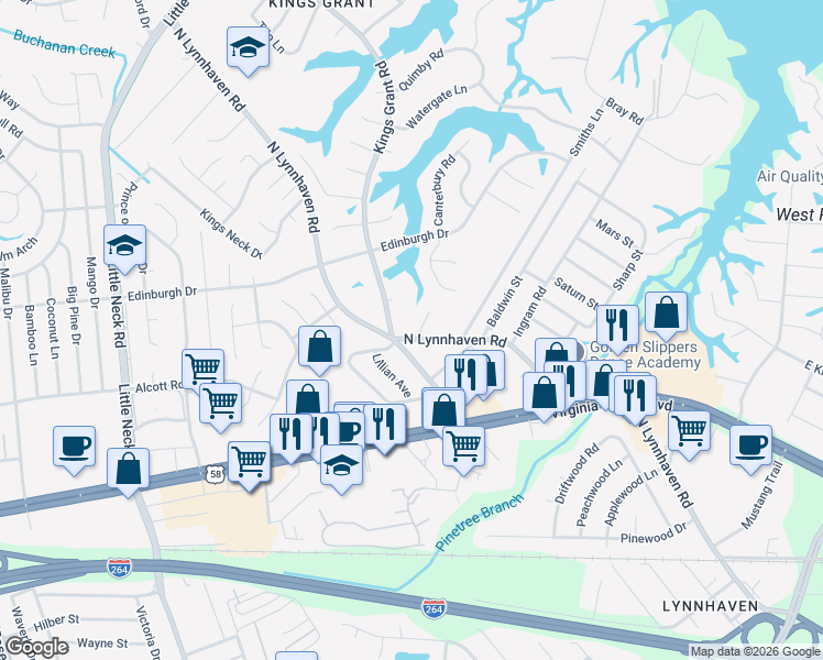map of restaurants, bars, coffee shops, grocery stores, and more near 401 Leffler Lane in Virginia Beach
