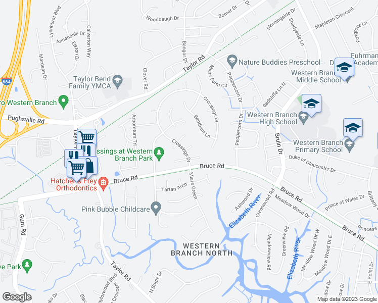 map of restaurants, bars, coffee shops, grocery stores, and more near 3024 Crossings Drive in Chesapeake
