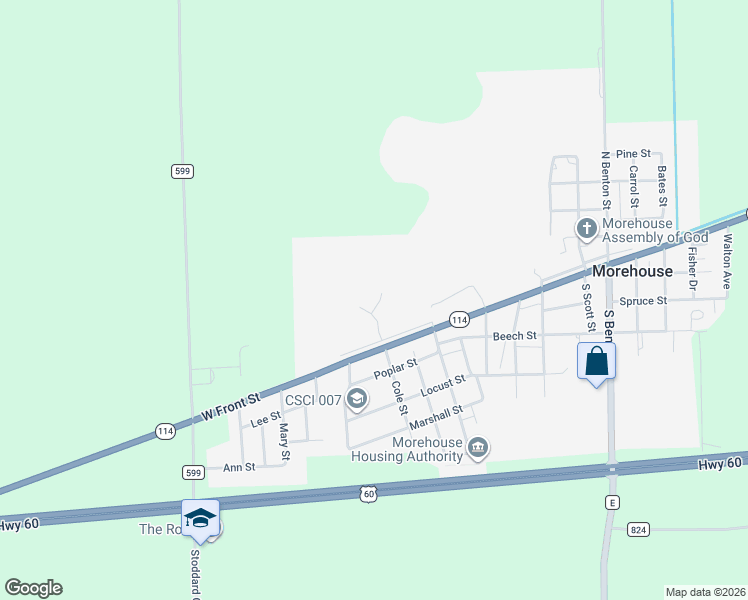 map of restaurants, bars, coffee shops, grocery stores, and more near 507 511 Water Street in Sikeston