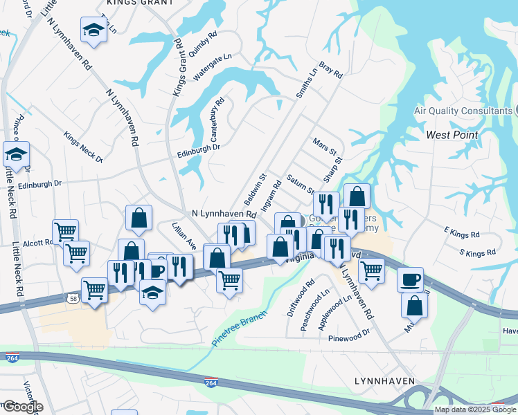map of restaurants, bars, coffee shops, grocery stores, and more near 409 Ingram Road in Virginia Beach