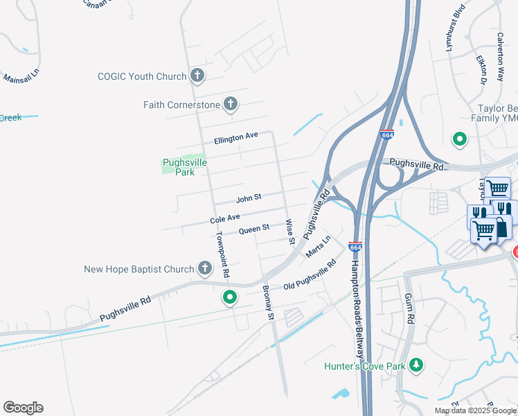 map of restaurants, bars, coffee shops, grocery stores, and more near 4508 Cole Avenue in Suffolk