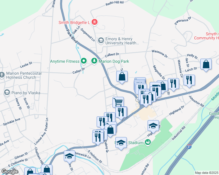 map of restaurants, bars, coffee shops, grocery stores, and more near 502 Park Boulevard in Marion