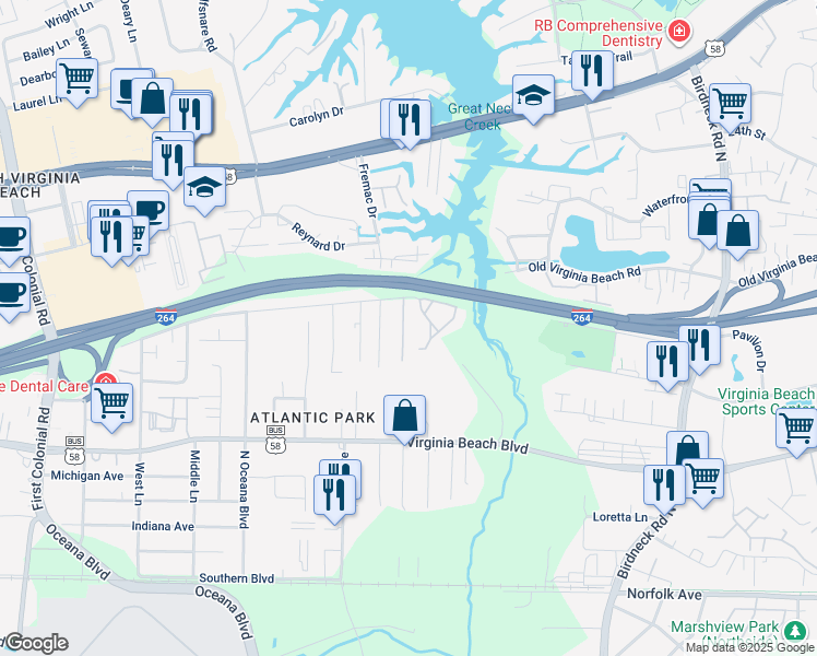 map of restaurants, bars, coffee shops, grocery stores, and more near 464 Lisa Square in Virginia Beach