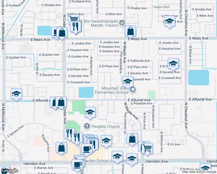 map of restaurants, bars, coffee shops, grocery stores, and more near 7584 North Jackson Avenue in Fresno