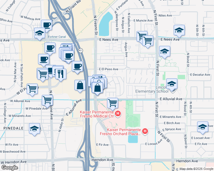 map of restaurants, bars, coffee shops, grocery stores, and more near 7472 North Fresno Street in Fresno
