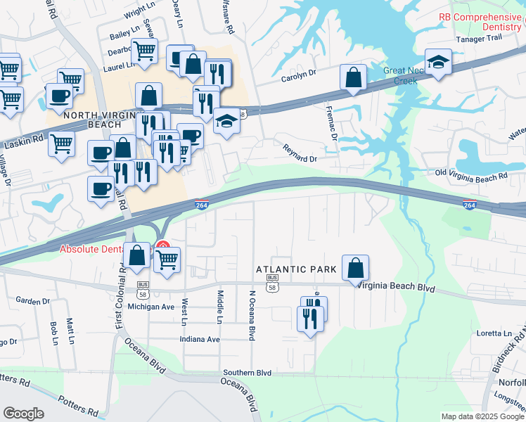 map of restaurants, bars, coffee shops, grocery stores, and more near 452 North Oceana Boulevard in Virginia Beach