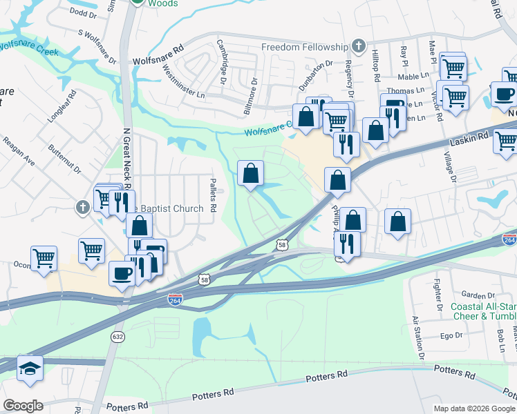 map of restaurants, bars, coffee shops, grocery stores, and more near 520 Chapel Lake Drive in Virginia Beach