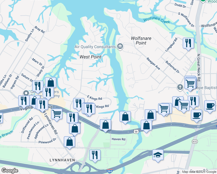 map of restaurants, bars, coffee shops, grocery stores, and more near 413 Wolfs Neck Trail in Virginia Beach