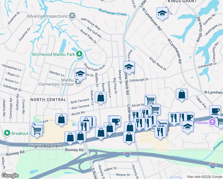 map of restaurants, bars, coffee shops, grocery stores, and more near 433 Big Pine Drive in Virginia Beach