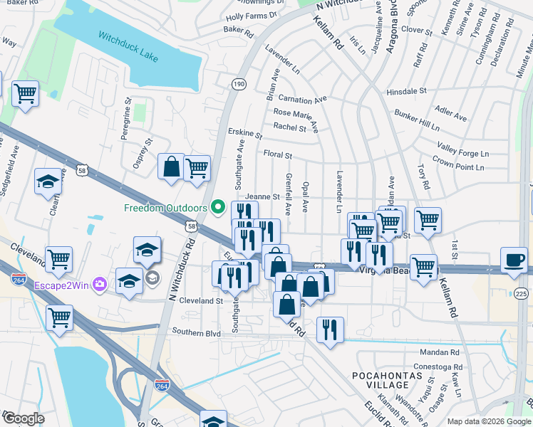 map of restaurants, bars, coffee shops, grocery stores, and more near 333 Dorset Avenue in Virginia Beach