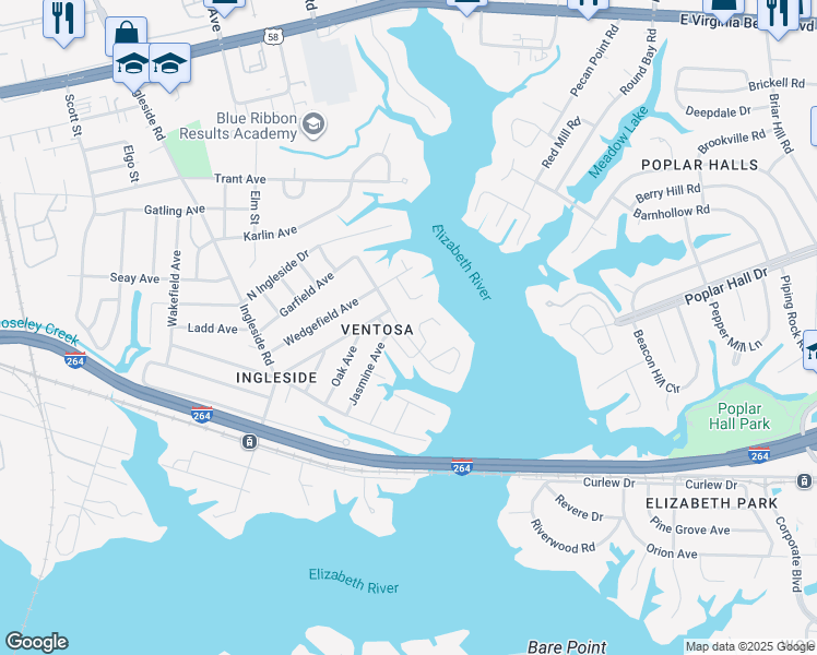 map of restaurants, bars, coffee shops, grocery stores, and more near 804 Townsend Court in Norfolk