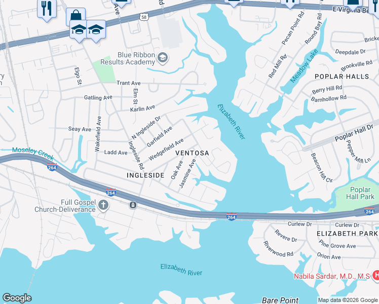 map of restaurants, bars, coffee shops, grocery stores, and more near 839 Jasmine Avenue in Norfolk