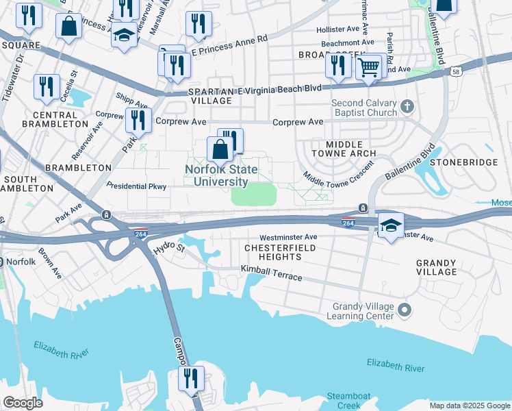 map of restaurants, bars, coffee shops, grocery stores, and more near 700 Park Avenue in Norfolk