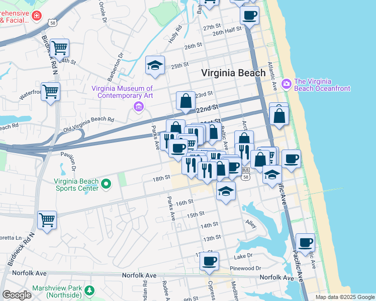 map of restaurants, bars, coffee shops, grocery stores, and more near 1900 Cypress Avenue in Virginia Beach