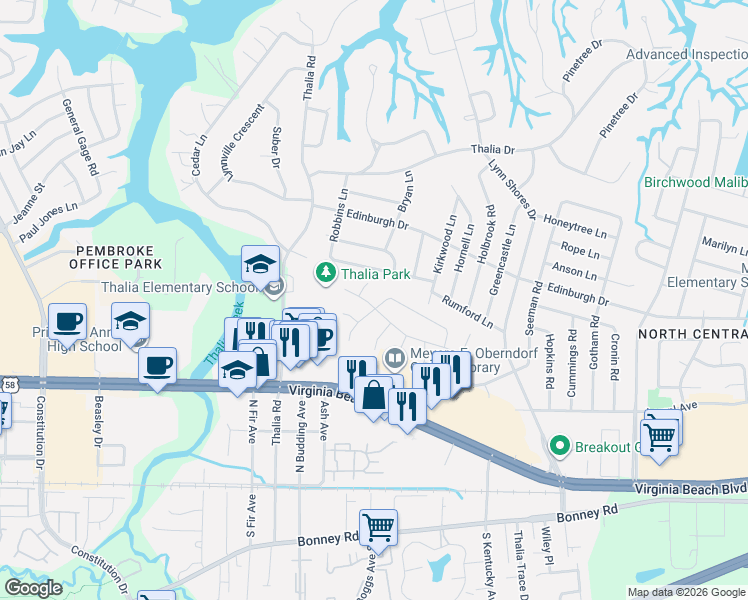 map of restaurants, bars, coffee shops, grocery stores, and more near 4023 Wyckoff Drive in Virginia Beach