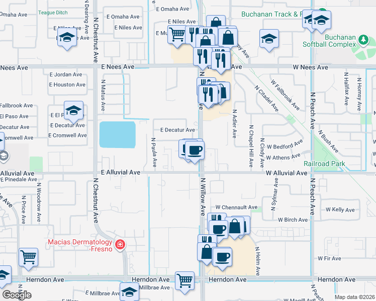 map of restaurants, bars, coffee shops, grocery stores, and more near 7525 North Willow Avenue in Fresno