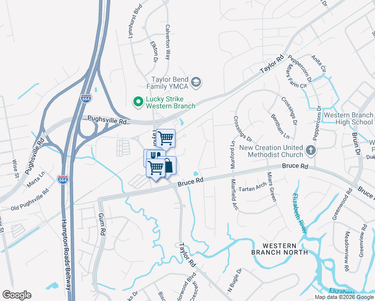 map of restaurants, bars, coffee shops, grocery stores, and more near 3223 Cricket Lane in Chesapeake