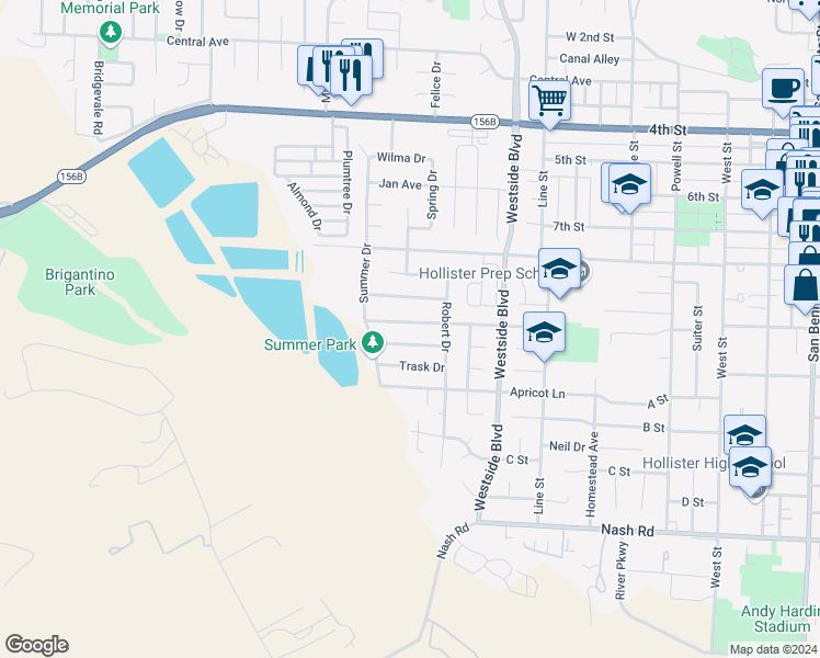 map of restaurants, bars, coffee shops, grocery stores, and more near 1243 Steinbeck Drive in Hollister