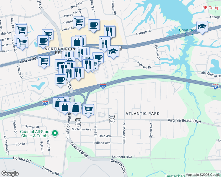 map of restaurants, bars, coffee shops, grocery stores, and more near 485 Hill Meadow Drive in Virginia Beach