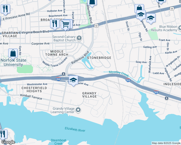 map of restaurants, bars, coffee shops, grocery stores, and more near 3119 Lakebridge Drive in Norfolk